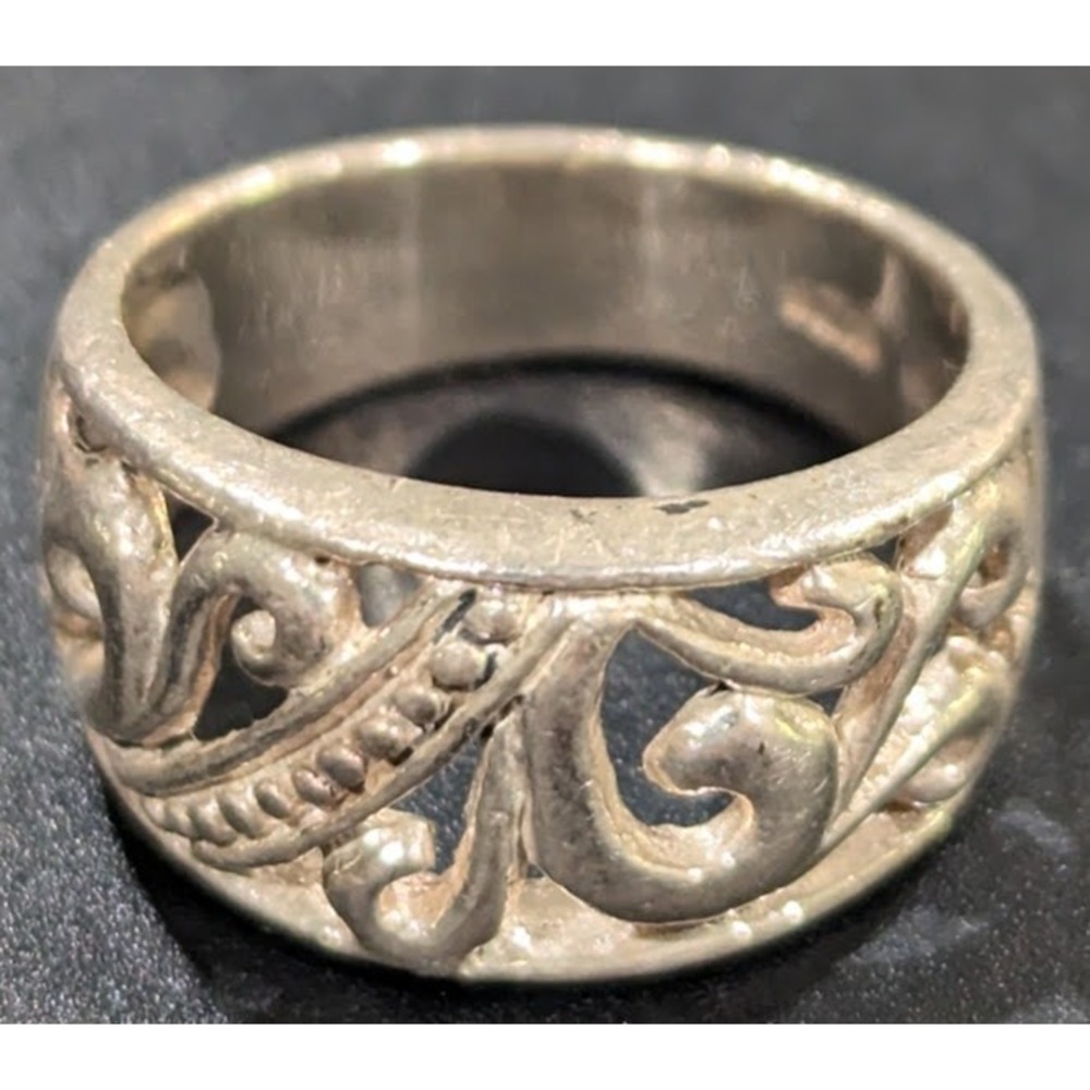 Vintage Sterling Silver Filigree Band Ring 925 Openwork Scroll & Leaf Pattern - Picture 8 of 9